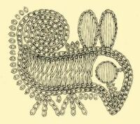 Fig. 186. Detail of the embroidery of a woman’s coif, a motif called “little dog”.