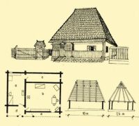 Fig. 61. A house, its front view, ground-plan and construction.